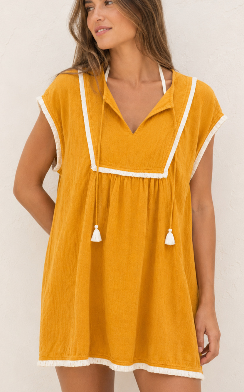 J.Crew Orange Yellow Cotton Swim Cover Up Dress Small Tassel Fringe Beach Gauze